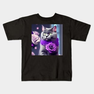 British Shorthair Enjoys Purple Roses Kids T-Shirt